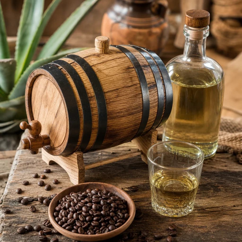 Mezcal infusionado con café de Chiapas en barril