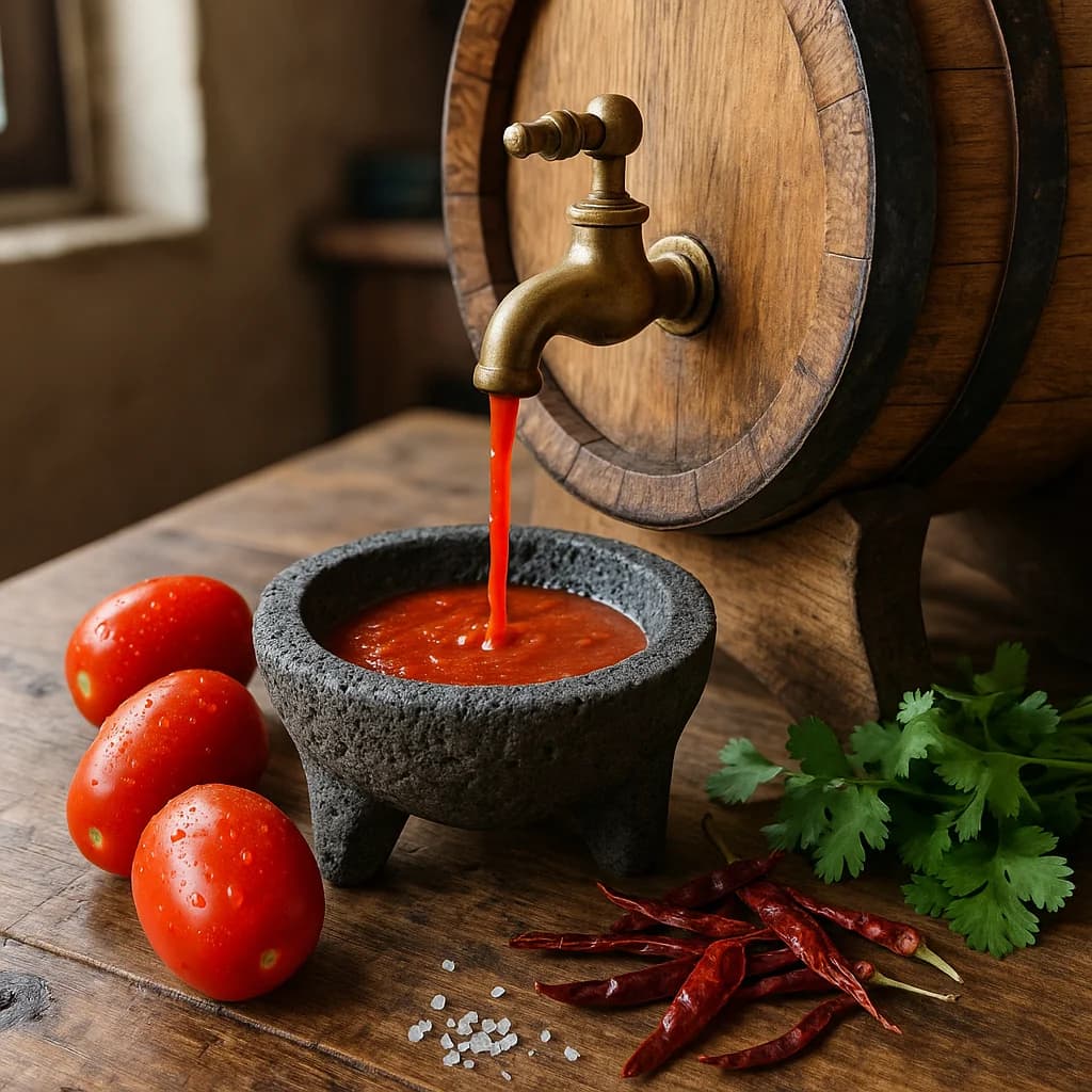 Receta salsa taquera añejada 3 meses en barril de roble con molcajete de barro, gourmet mexicano premium