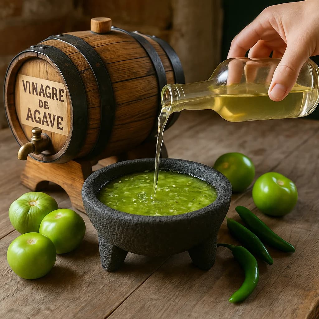 Receta salsa verde mexicana con vinagre de agave añejado en barrica de roble, tomatillos y complejidad gourmet