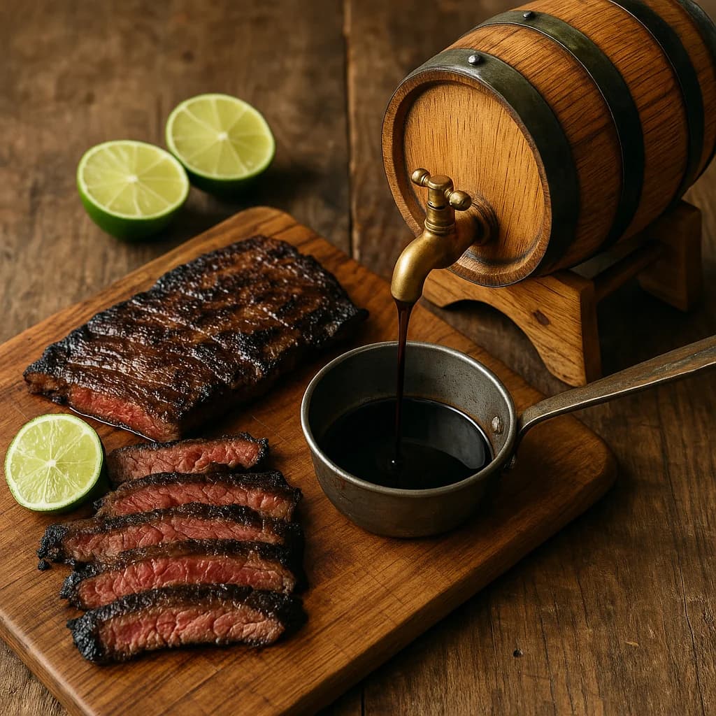 Receta arrachera mexicana con salsa de mezcal reposado en barrica de roble, corte jugoso estilo norteño