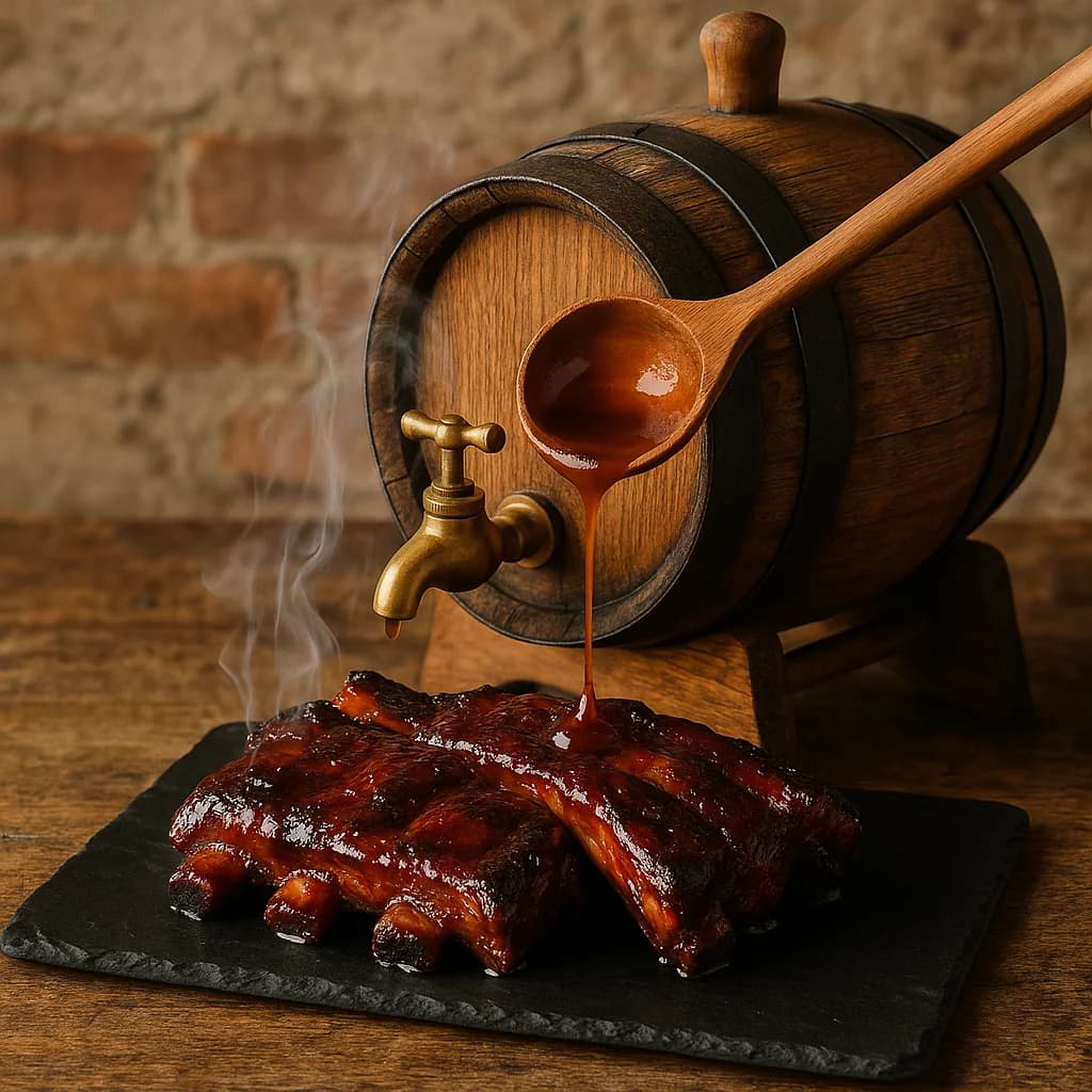Receta costillas BBQ barrel-aged con salsa reposada 6 semanas en barril de roble ex-bourbon, cocción lenta