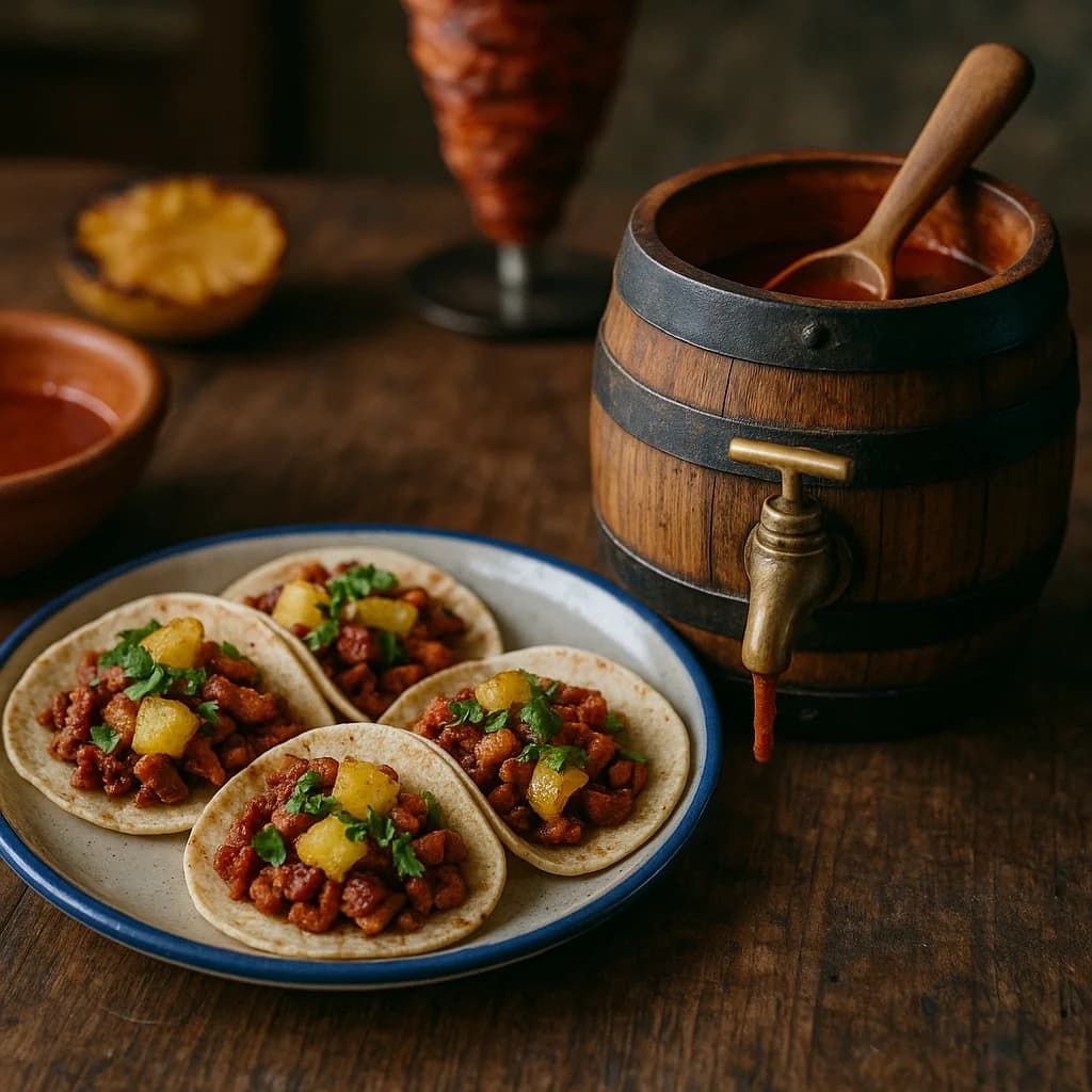 Receta tacos al pastor con adobo reposado 4 semanas en barrica de roble, piña asada estilo trompo casero