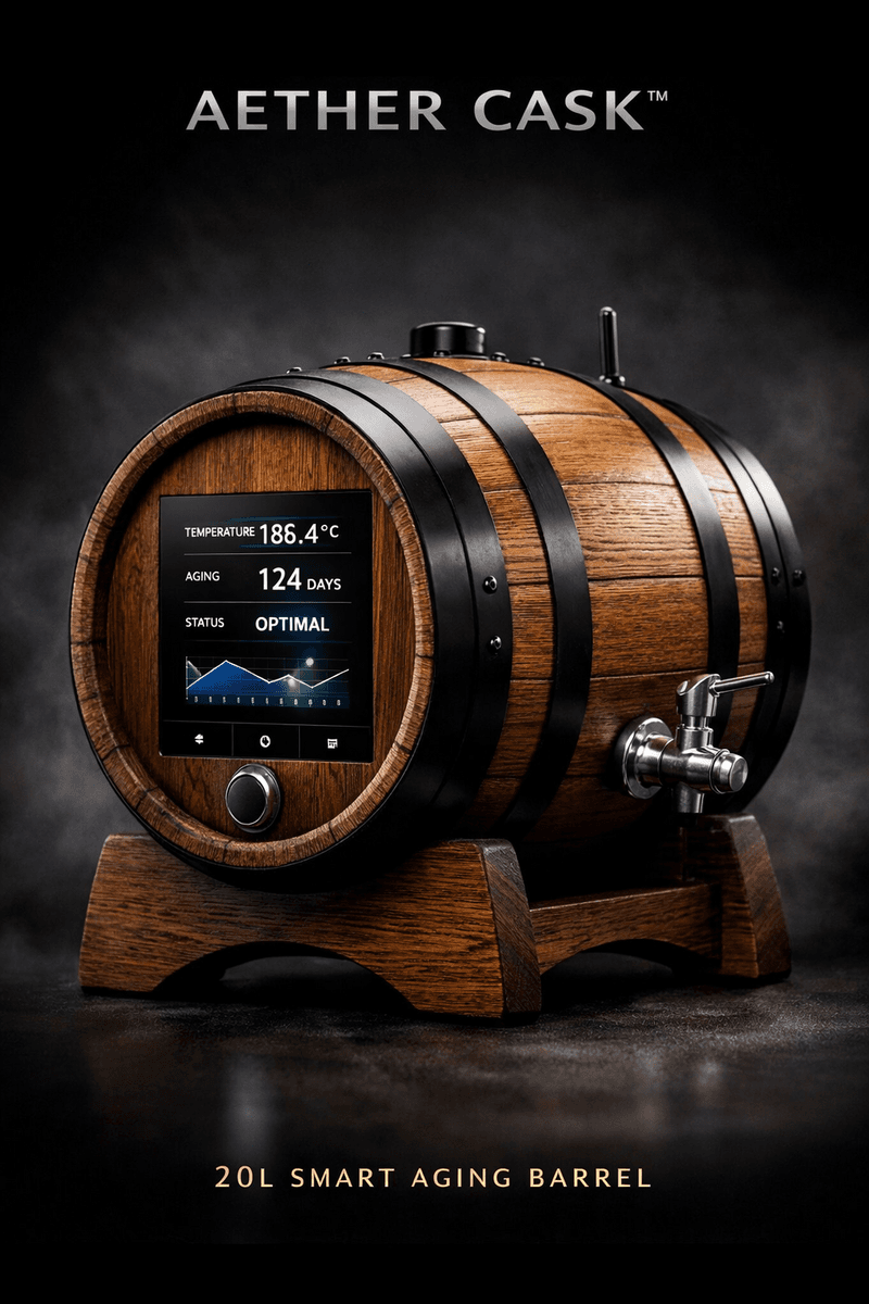 AETHER CASK — Barril inteligente de roble con sensores y pantalla LCD