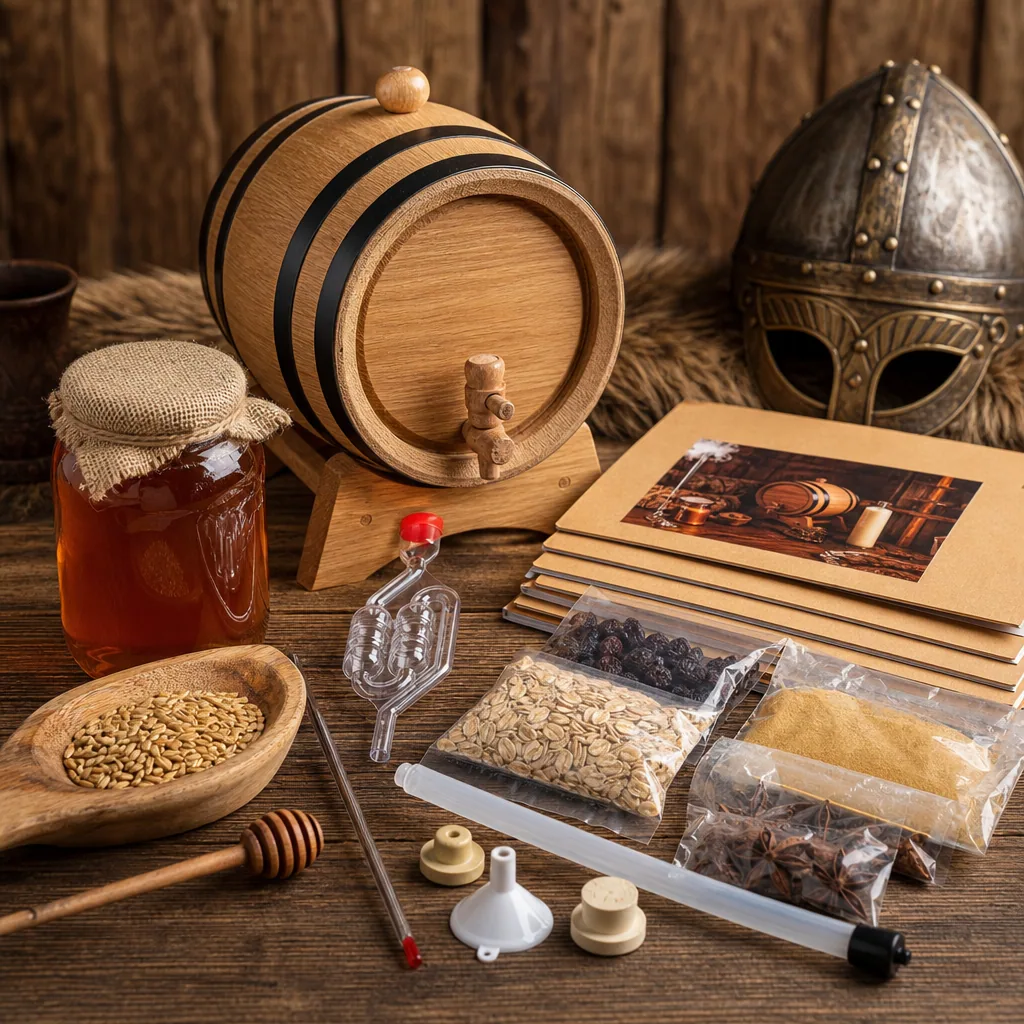 Kit Hidromiel Casera 3L — Hidromiel tradicional al estilo vikingo. Barril 3L + manual + recetas con miel mexicana premium.