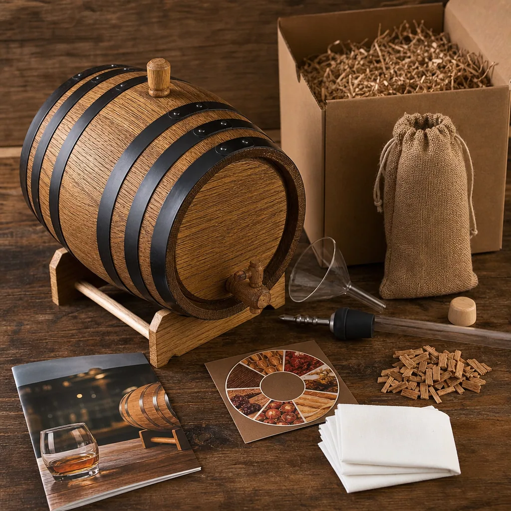 Kit Whisky Mejorado en Casa 5L — Acelera el añejamiento de whisky base en barril nuevo. 100% legal — partes de whisky comercial.
