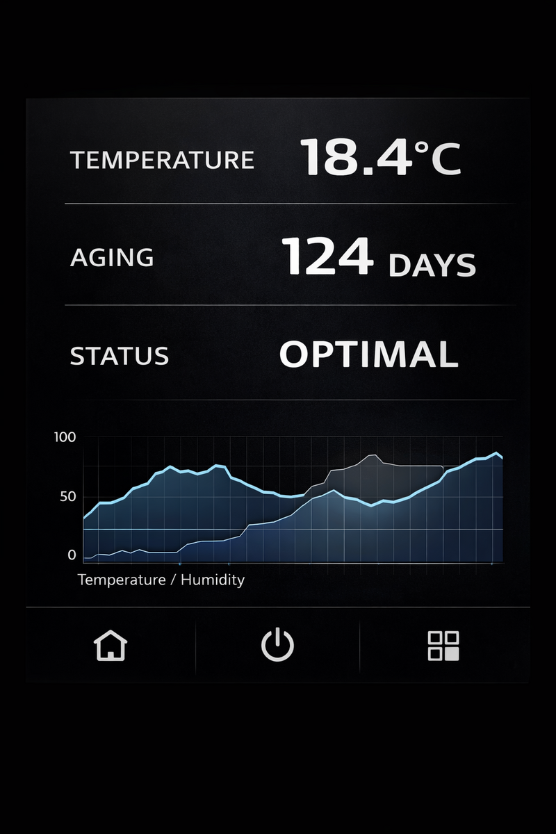 AETHER CASK pantalla LCD con datos de micro-oxigenacion