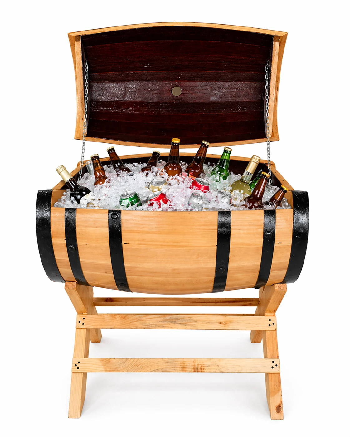 Hielera de Barril 200L Horizontal llena de hielo con bebidas - Producto en uso real