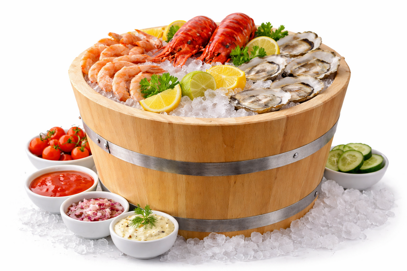 Tina de madera artesanal 35cm con mariscos en hielo