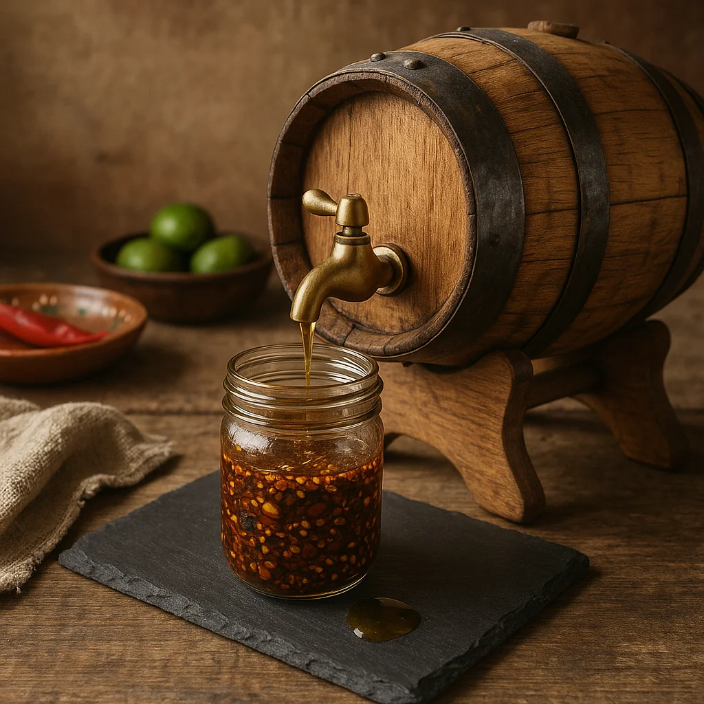 Receta salsa macha veracruzana con aceite de oliva infusionado 2 semanas en barril de roble con semillas y chiles