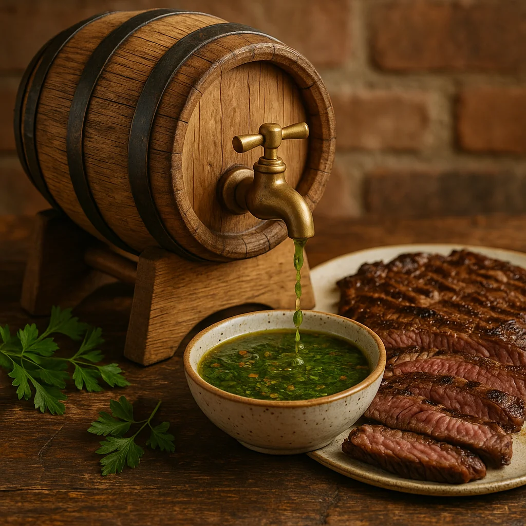 Receta chimichurri argentino-mexicano añejado 3 semanas en barrica de roble sobre bistec a la parrilla