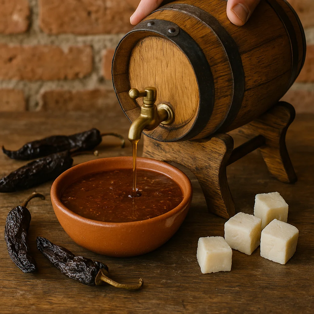 Receta salsa borracha tradicional con mezcal reposado en barrica de roble con chiles pasilla y queso añejo