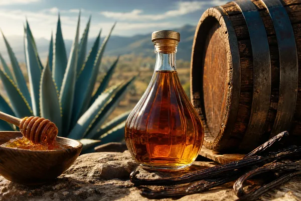 Miel de agave azul ámbar en frasco con agave en flecha al fondo y barril de roble