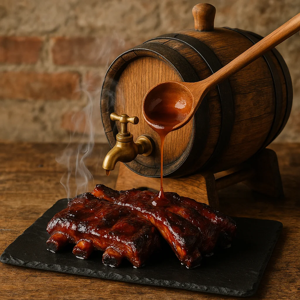 Receta costillas BBQ barrel-aged con salsa reposada 6 semanas en barril de roble ex-bourbon, cocción lenta