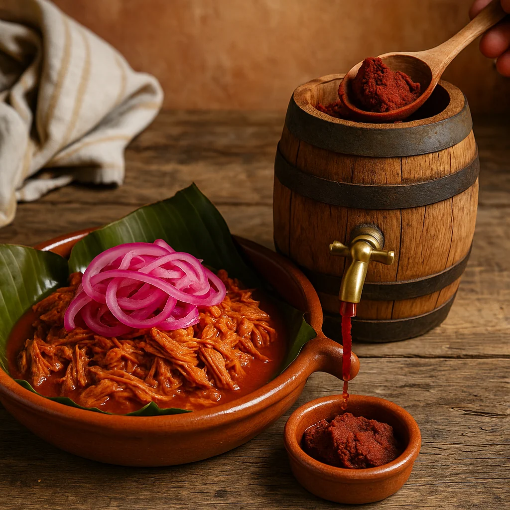 Receta cochinita pibil yucateca con achiote añejado 4 semanas en barrica de roble, carne deshebrada tradicional