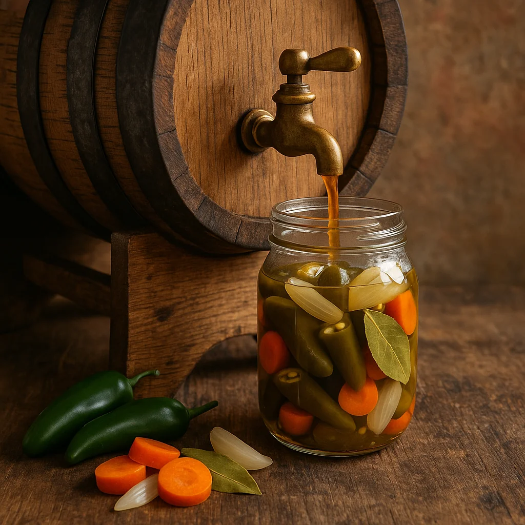 Receta jalapeños en vinagre conservados 2 meses en barril de roble, zanahorias, cebolla y ajo escabechados