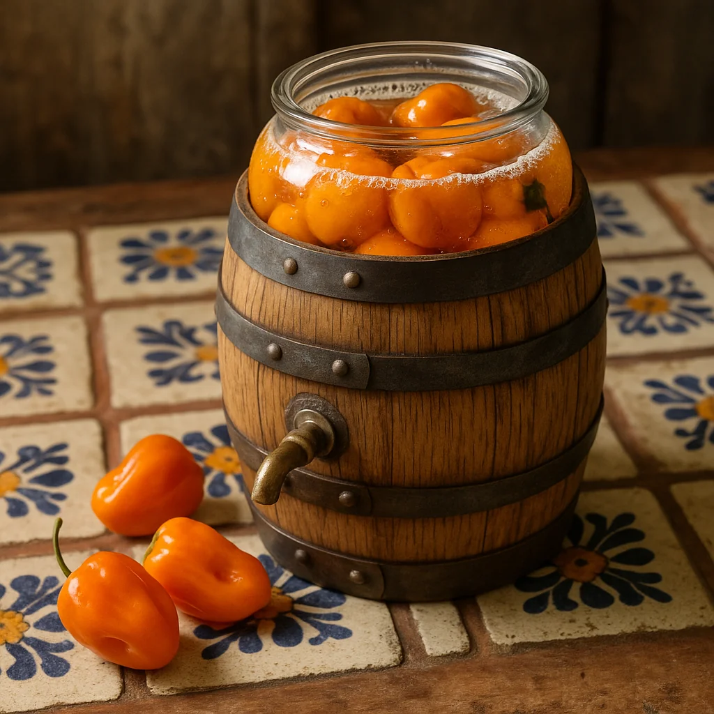 Receta habaneros fermentados 4 semanas en barril de roble, salsa picante estilo Tabasco con probioticos