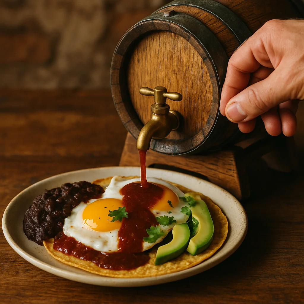 Receta huevos rancheros mexicanos con salsa roja reposada 3 meses en barril de roble, desayuno gourmet