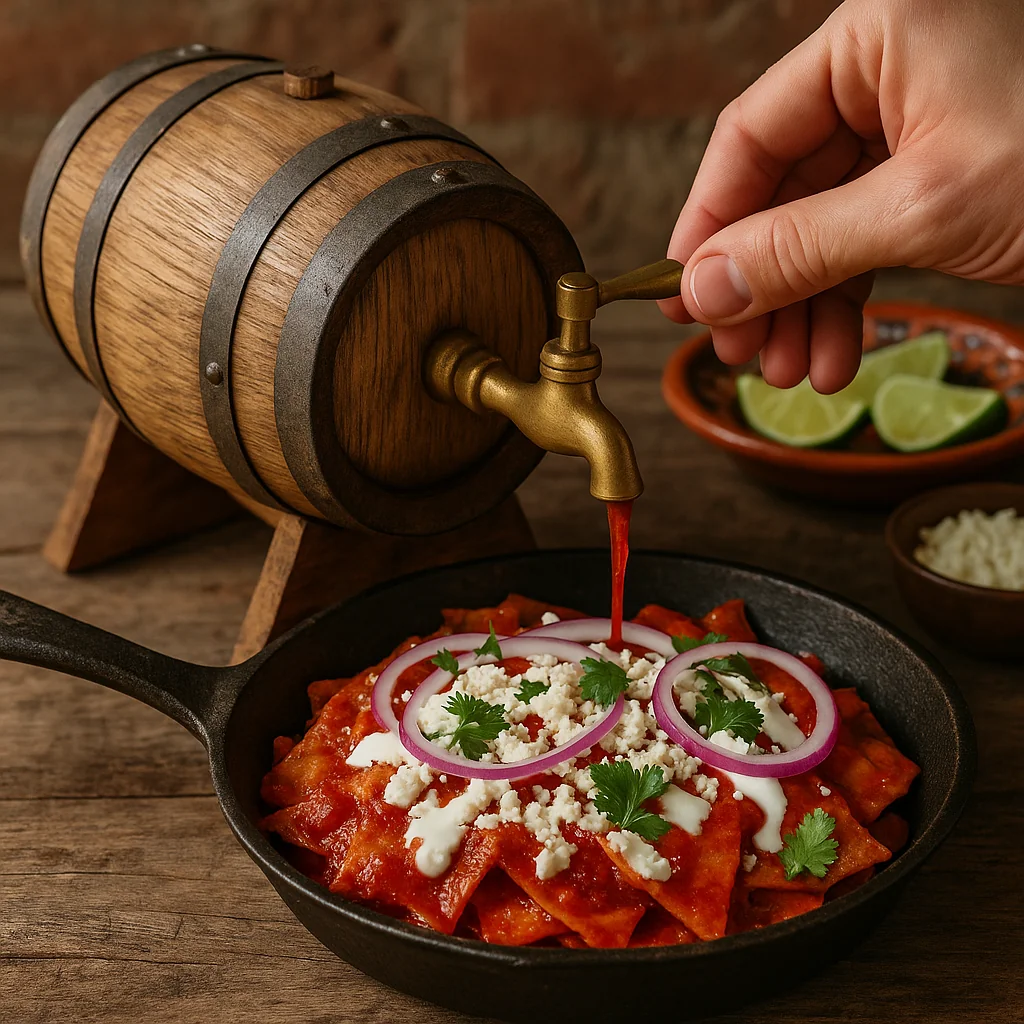 Receta chilaquiles mexicanos con salsa añeja en barrica de roble, crema, queso fresco y cilantro, desayuno clásico
