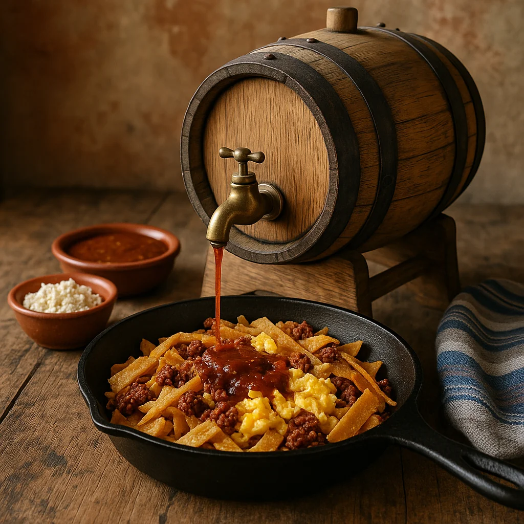 Receta migas mexicanas con chorizo, huevos revueltos y salsa añeja en barrica de roble, desayuno campirano