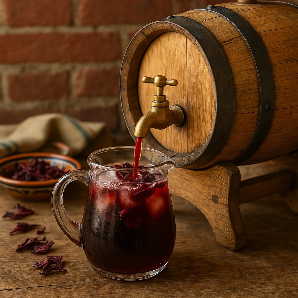 Receta agua de jamaica fermentada 2 semanas en barrica de roble, kombucha mexicana con probioticos