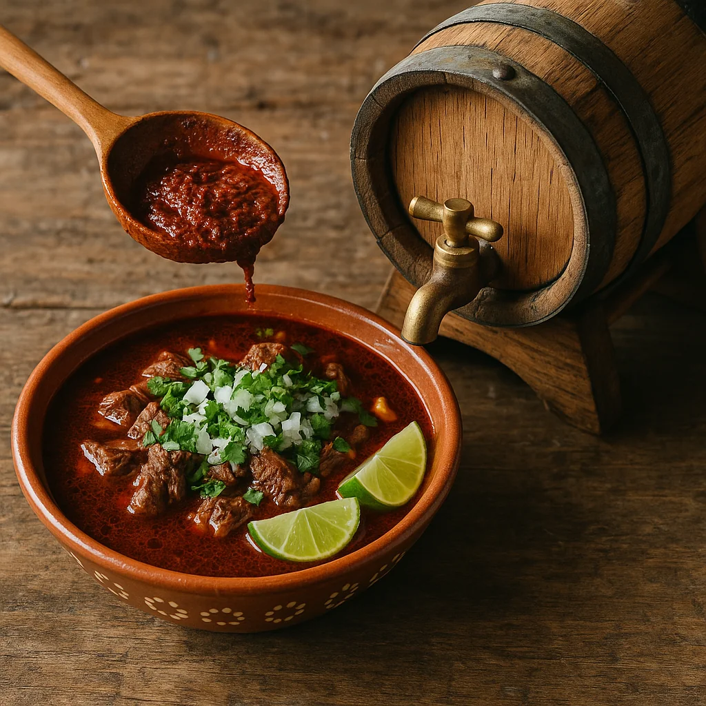 Receta birria jalisciense con adobo reposado 4 semanas en barrica de roble, consome profundo tradicional