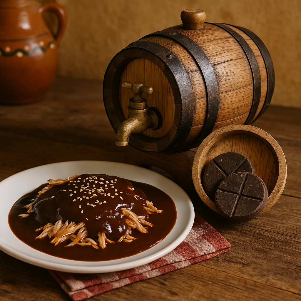 Receta mole poblano tradicional con chocolate mexicano añejado 3 semanas en barrica de roble, 20+ ingredientes