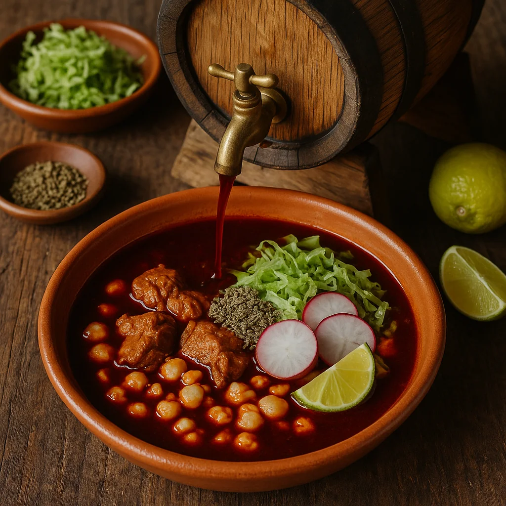 Receta pozole rojo mexicano con adobo de chiles reposado en barrica de roble, maiz cacahuazintle y guarniciones