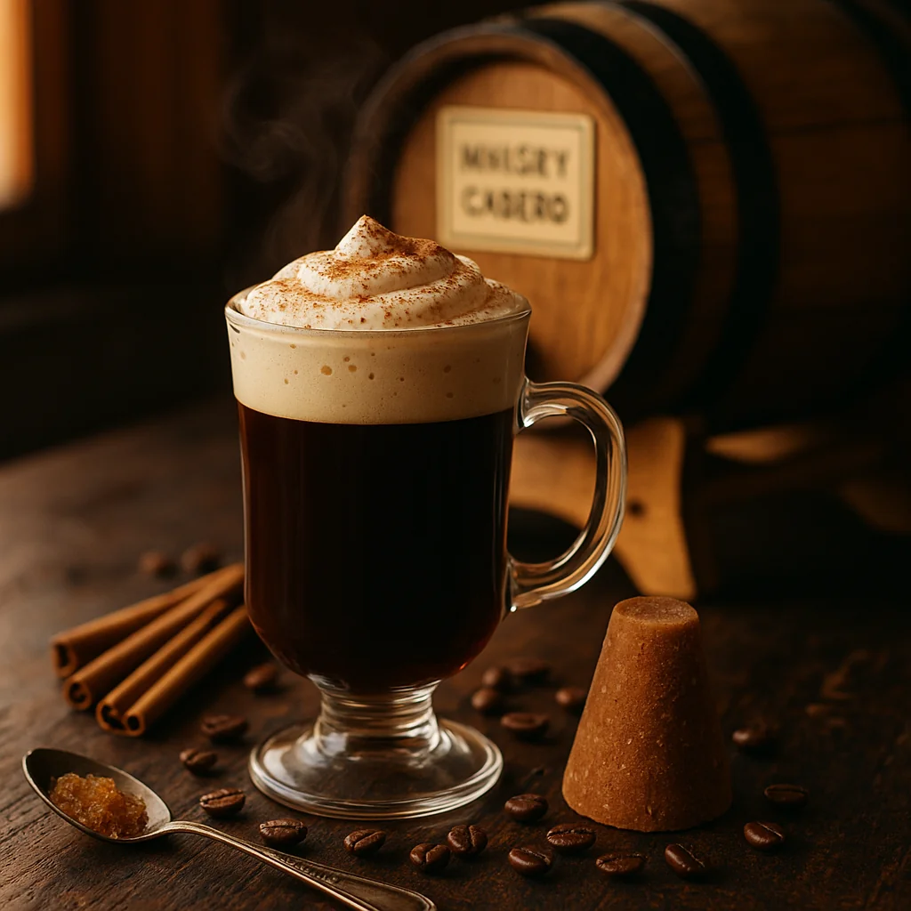 Irish Coffee mexicano con whisky añejado en casa en barril de roble 5L, café de olla con piloncillo, canela y crema batida