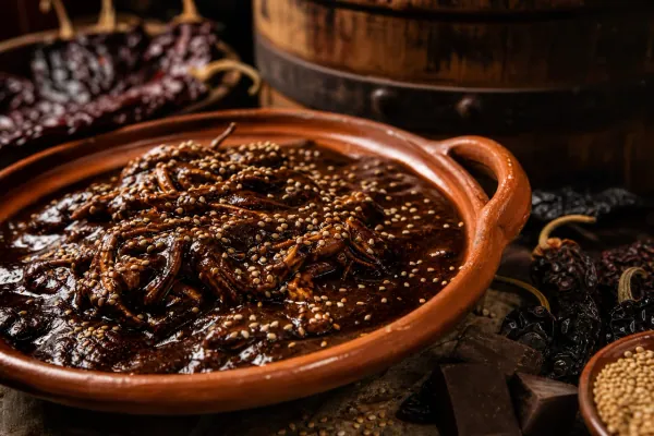 Mole negro oaxaqueño con chocolate añejado en barrica de roble servido sobre pollo con ajonjolí tostado