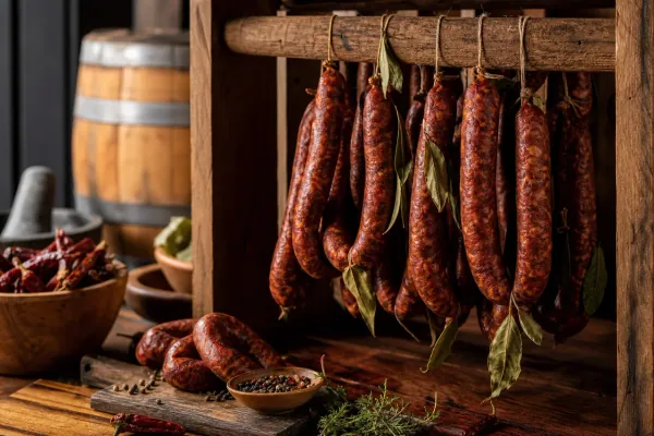Chorizo criollo casero curado con especias añejadas en barril sobre tabla rústica