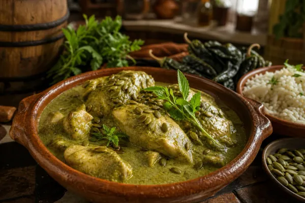 Pipián verde con pepita reposada en barril servido sobre pollo con arroz blanco