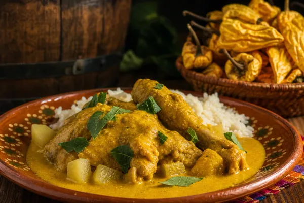 Mole amarillito oaxaqueño con hoja santa añejada servido sobre pollo y arroz blanco
