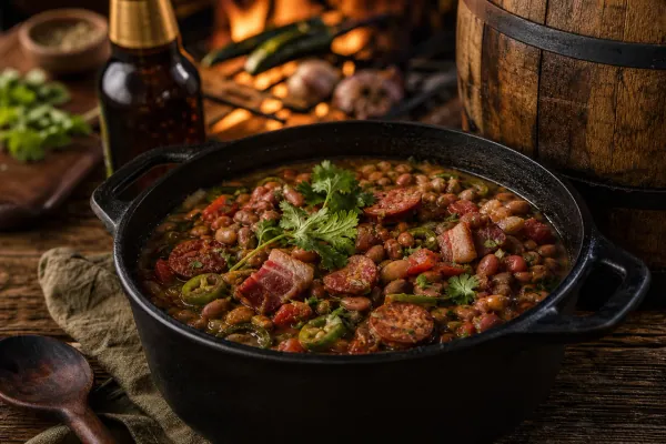Frijoles charros con tocino curado en casa servidos en cazuela de barro junto a tortillas y cerveza