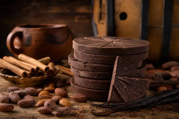 Chocolate de mesa mexicano en tablillas redondas con cacao, almendras, canela y barril de roble
